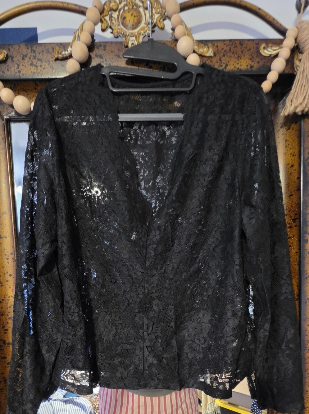 SHEIN Black Lace Long-Sleeve V-Neck Blouse